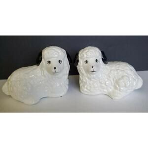 Vintage Ceramic Salt And Pepper Shaker Set Baby Lamb Laying Down Detailed Faces